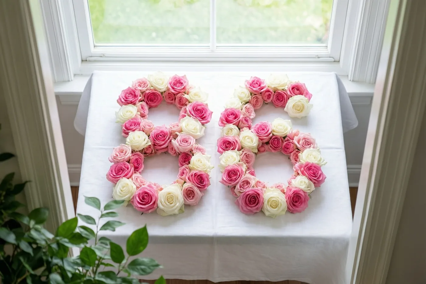 Van recht bovenaf zijn roze en witte rozen te zien die 86 vormen op een wit tafelkleed bij een raam, met groene bladeren op de voorgrond.