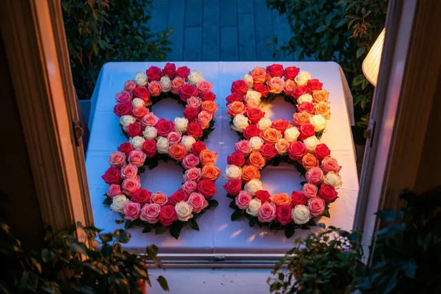 Twee grote achten van roze en witte rozen liggen op een wit tafelkleed, van bovenaf gezien door een open deuropening met groen eromheen.