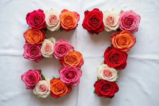Roze en witte rozen vormen het getal 57 op een wit tafelkleed, van bovenaf gefotografeerd.