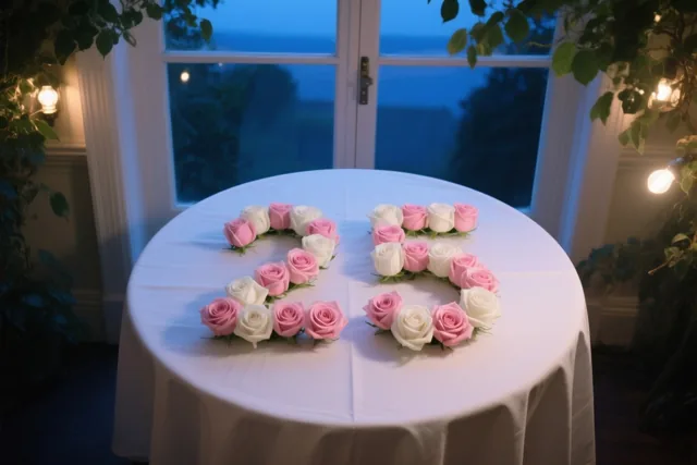 Van bovenaf is 25 van roze en witte rozen te zien op een wit tafelkleed bij een raam, met blauw avondlicht en warme lichtslingers.