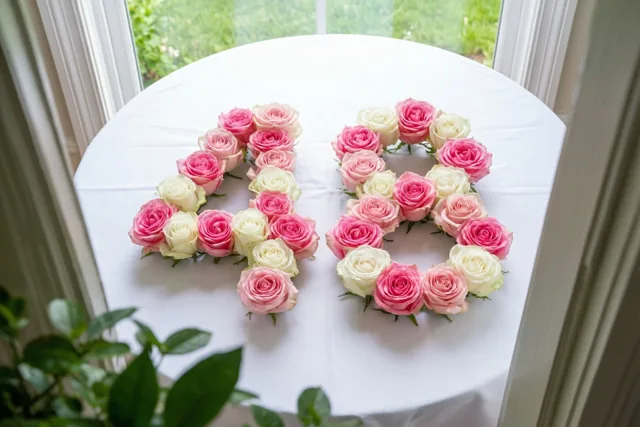 Roze en witte rozen vormen 48 op een wit tafelkleed bij een raam, van bovenaf gefotografeerd in daglicht.