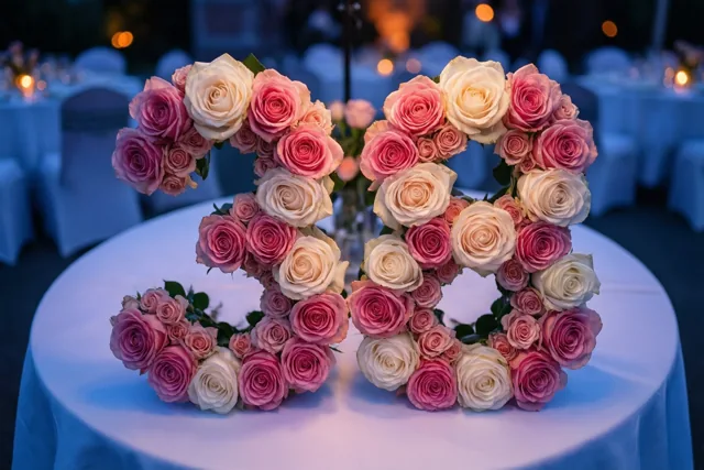 Roze en witte rozen vormen 38 op een wit tafelkleed, van bovenaf gezien met onscherpe tafels en warme verlichting op de achtergrond tijdens een avondfeest.