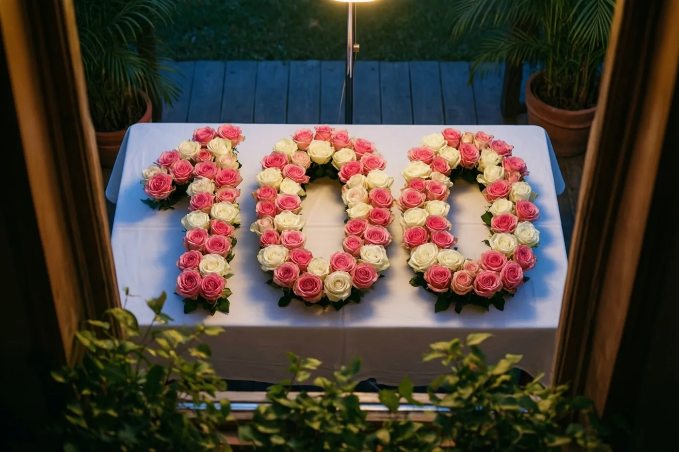 Door een raam zijn van bovenaf roze en witte rozen in de vorm van 100 op een wit tafelkleed te zien, met groen op de voorgrond en achtergrond.