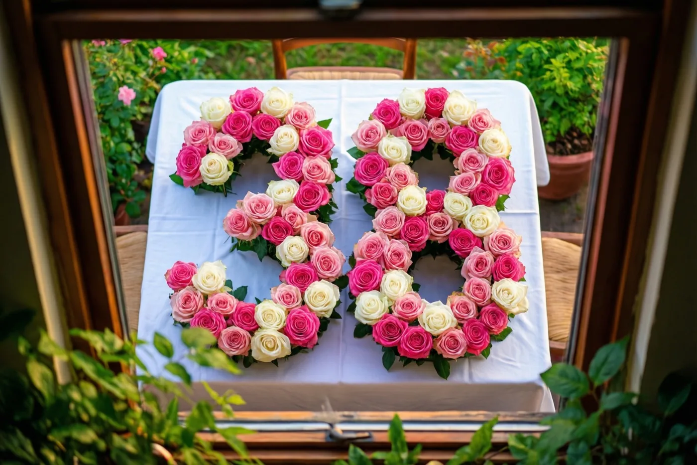 Van bovenaf zie je door een houten raamkozijn het getal 38 van roze en witte rozen op een wit tafelkleed buiten, met groen op de achtergrond.