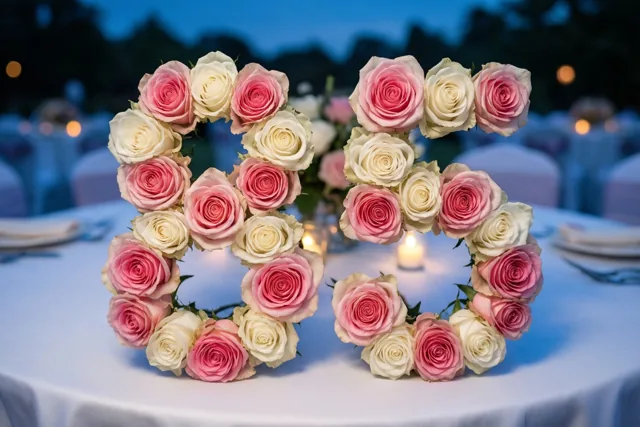 Roze en witte rozen vormen 85 op een wit tafelkleed, met warm kaarslicht en een blauwe schemerhemel op de achtergrond.