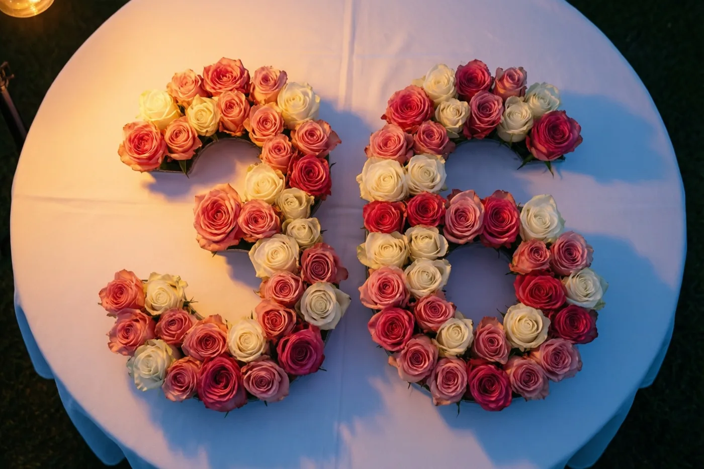 Roze en witte rozen vormen het getal 36 op een wit tafelkleed, van bovenaf gezien in warm en koel licht.
