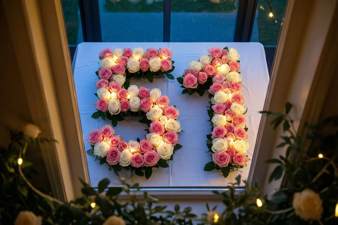 Van bovenaf gezien vormen roze en witte rozen 51 op een wit tafelkleed, omlijst door ruiten en lichtslingers in warm binnenlicht.