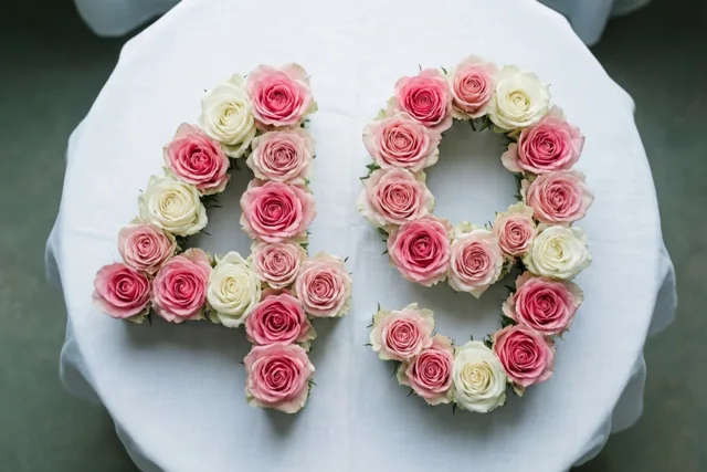 Het getal 49 is gemaakt van roze en witte rozen op een wit tafelkleed, gezien van bovenaf.