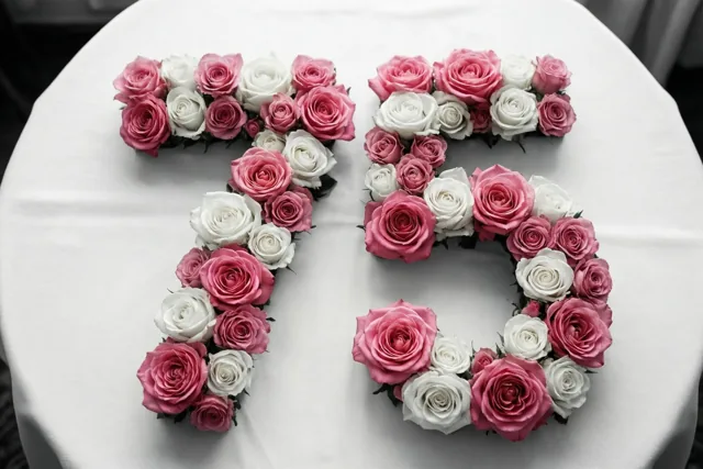 Roze en witte rozen liggen in de vorm van 75 op een wit tafelkleed, van bovenaf gezien.