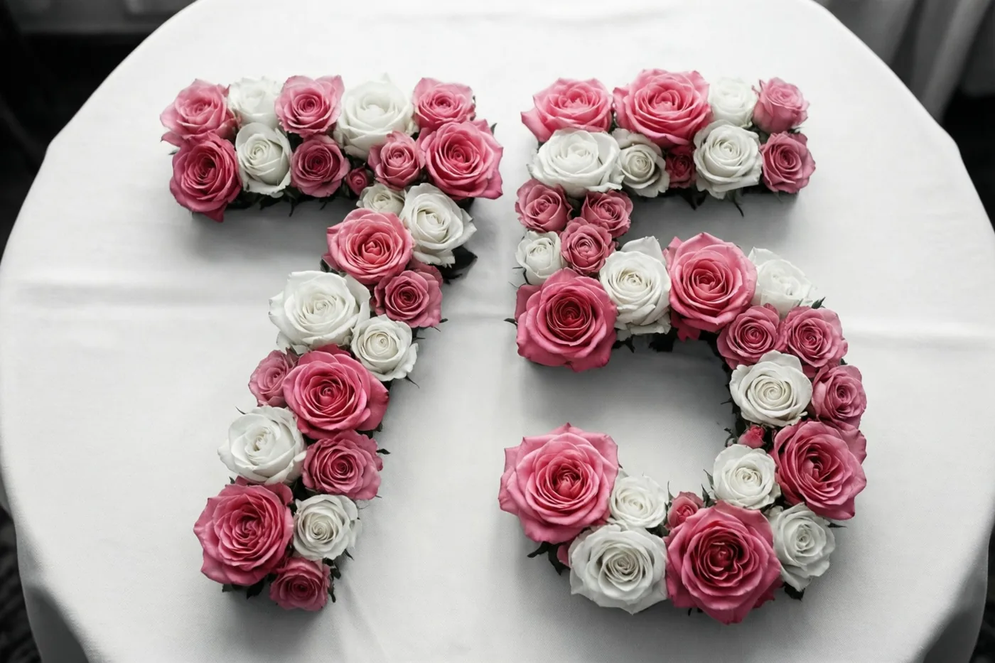 Roze en witte rozen liggen in de vorm van 75 op een wit tafelkleed, van bovenaf gezien.