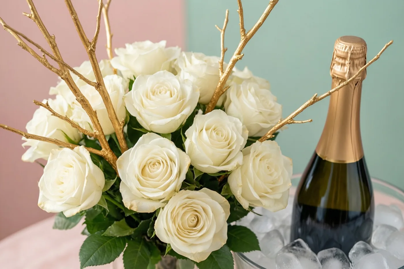 Een boeket witte rozen met goudgeverfde takjes staat naast een champagnefles op ijs, tegen een zachtroze en mintgroene achtergrond.