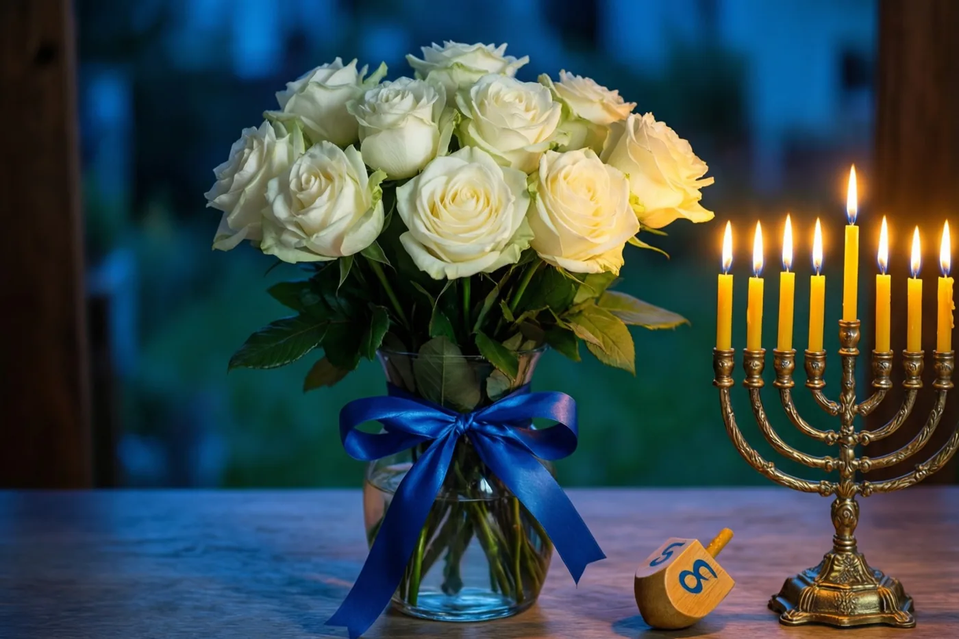 Op een houten tafel staat een vaas witte rozen met een blauw lint naast een brandende kandelaar en een dreidel, tegen een onscherpe blauwe achtergrond.