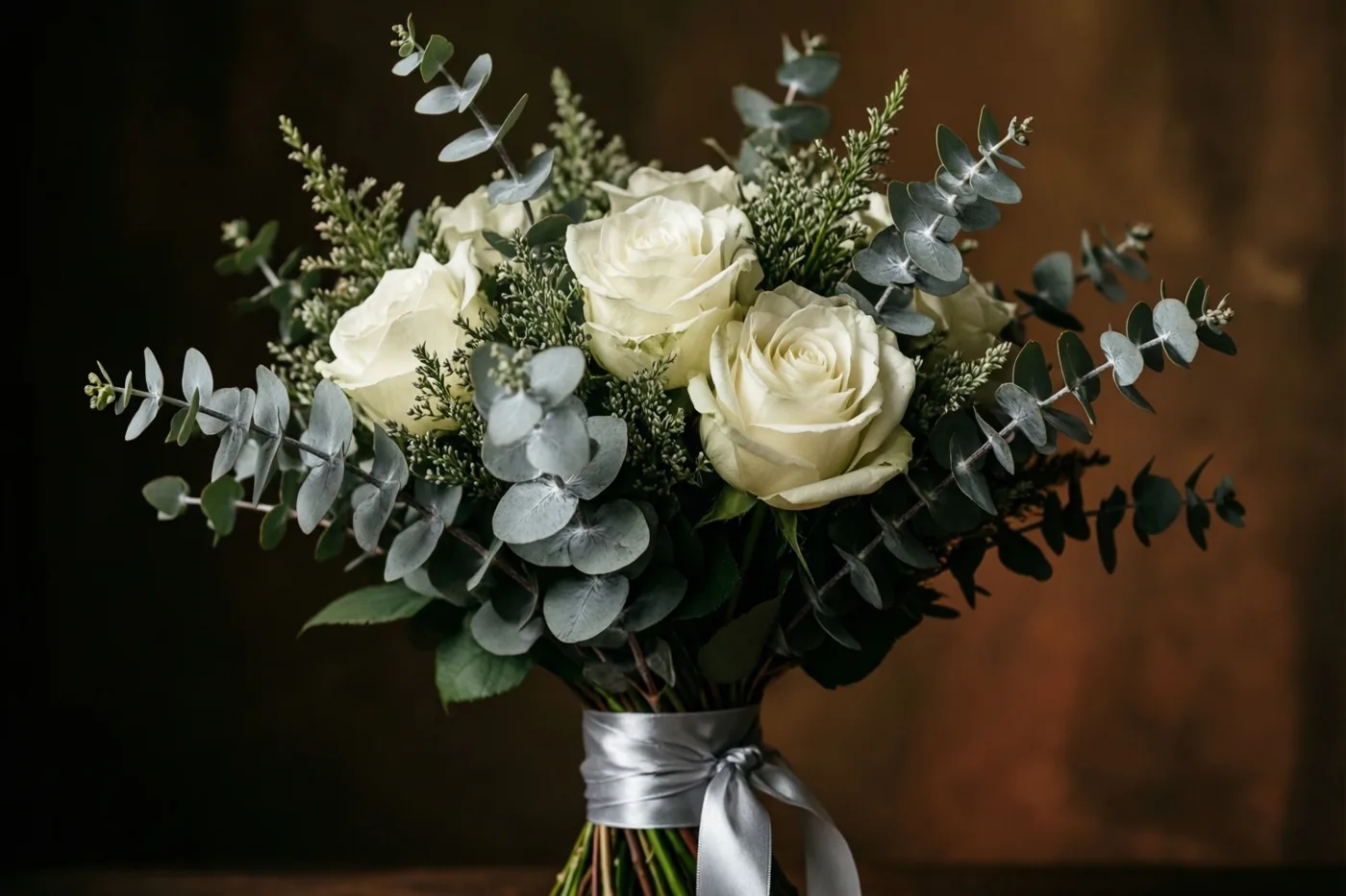 Een boeket witte rozen en zilvergrijze eucalyptus is samengebonden met een zilveren lint tegen een donkere achtergrond in warme tinten.