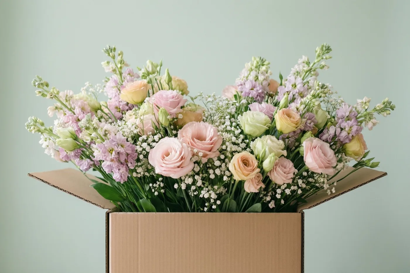 Een verhuisdoos zit vol roze en perzikkleurige rozen, lavendelkleurige bloemen en wit gipskruid tegen een effen lichtgroene muur.