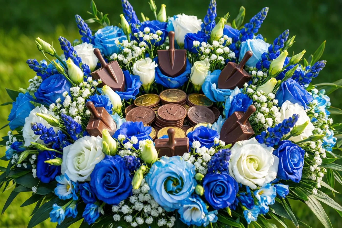 Een rond bloemstuk met blauwe en witte rozen, gipskruid en andere blauwe bloemen bevat chocoladedreidels en chocolademunten tegen een onscherpe groene buitenachtergrond.