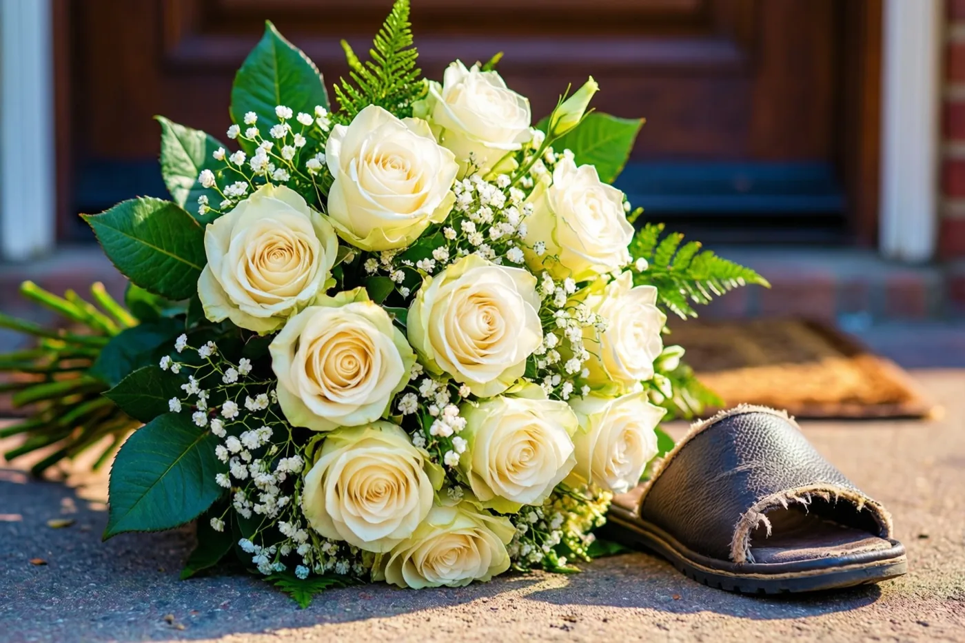 Een boeket witte rozen met groene bladeren en gipskruid ligt in fel zonlicht op een drempel naast een versleten, kapotgekauwde pantoffel, met een houten deur op de achtergrond.