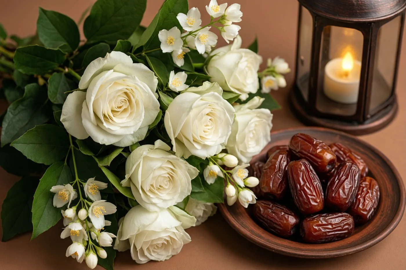 Een boeket witte rozen en jasmijn staat naast een houten bord dadels en een lantaarn met een brandende kaars tegen een warmbruine achtergrond.