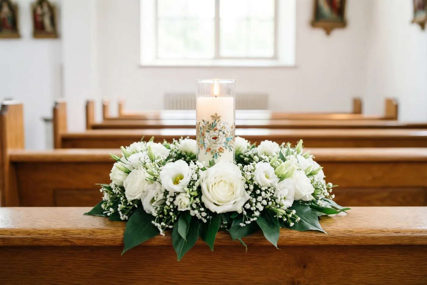 Witte rozen en gipskruid omringen een versierde kaars op een houten kerkbank, met banken en een raam op de achtergrond.