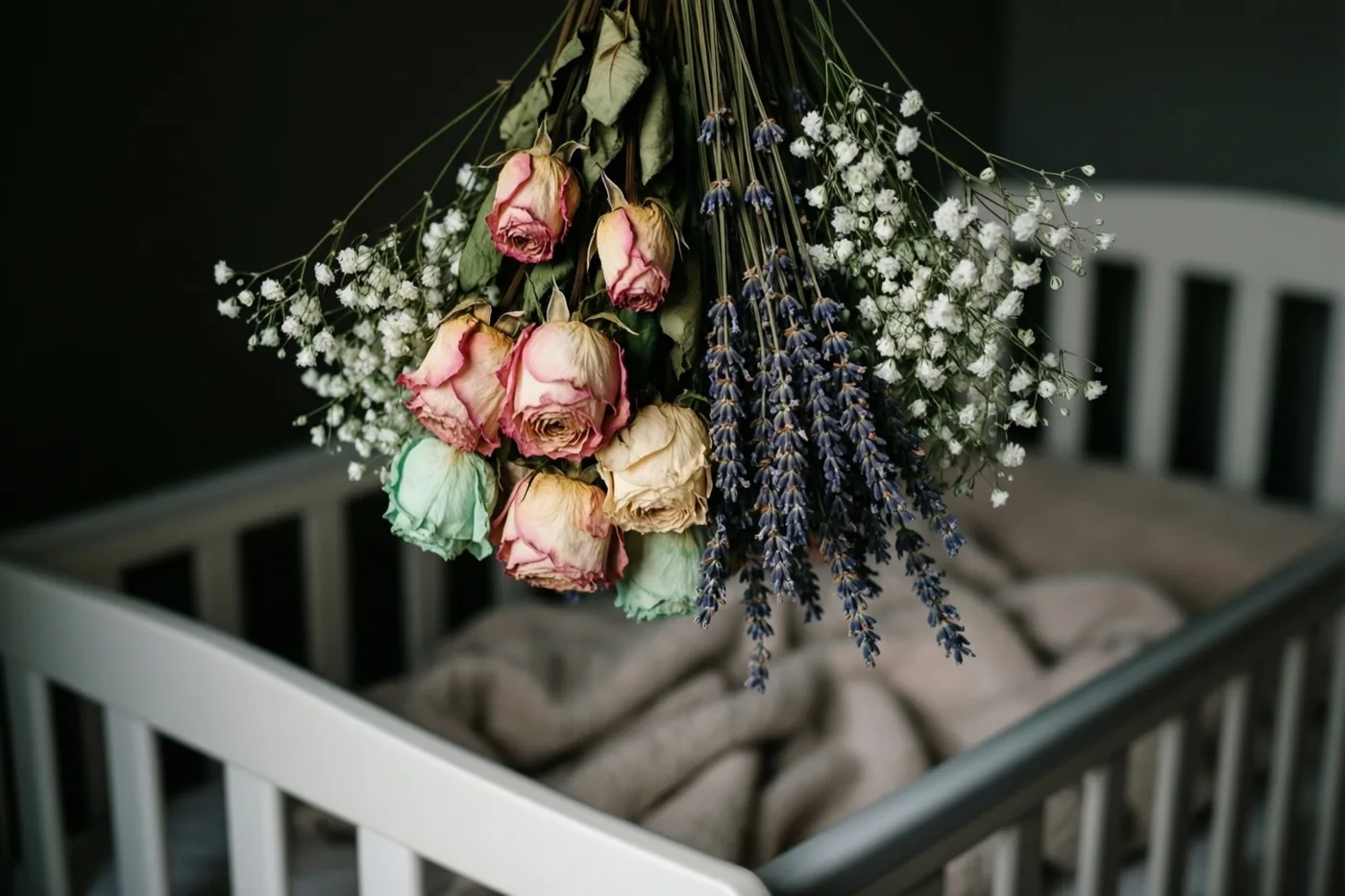 Een droogbloemstuk van rozen, lavendel en gipskruid hangt boven een wit babybedje, in zachte roze, groene, paarse en witte tinten.