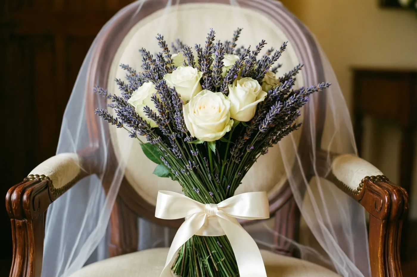 Een boeket witte rozen en lavendel met een crèmekleurig satijnen lint ligt binnen op een stoel met een sluier, in warm licht.