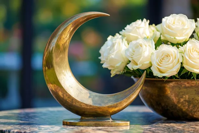 Een slank messing beeld in de vorm van een maansikkel staat buiten naast een schaal witte rozen op een sidetable, tegen een vervaagde groene achtergrond.