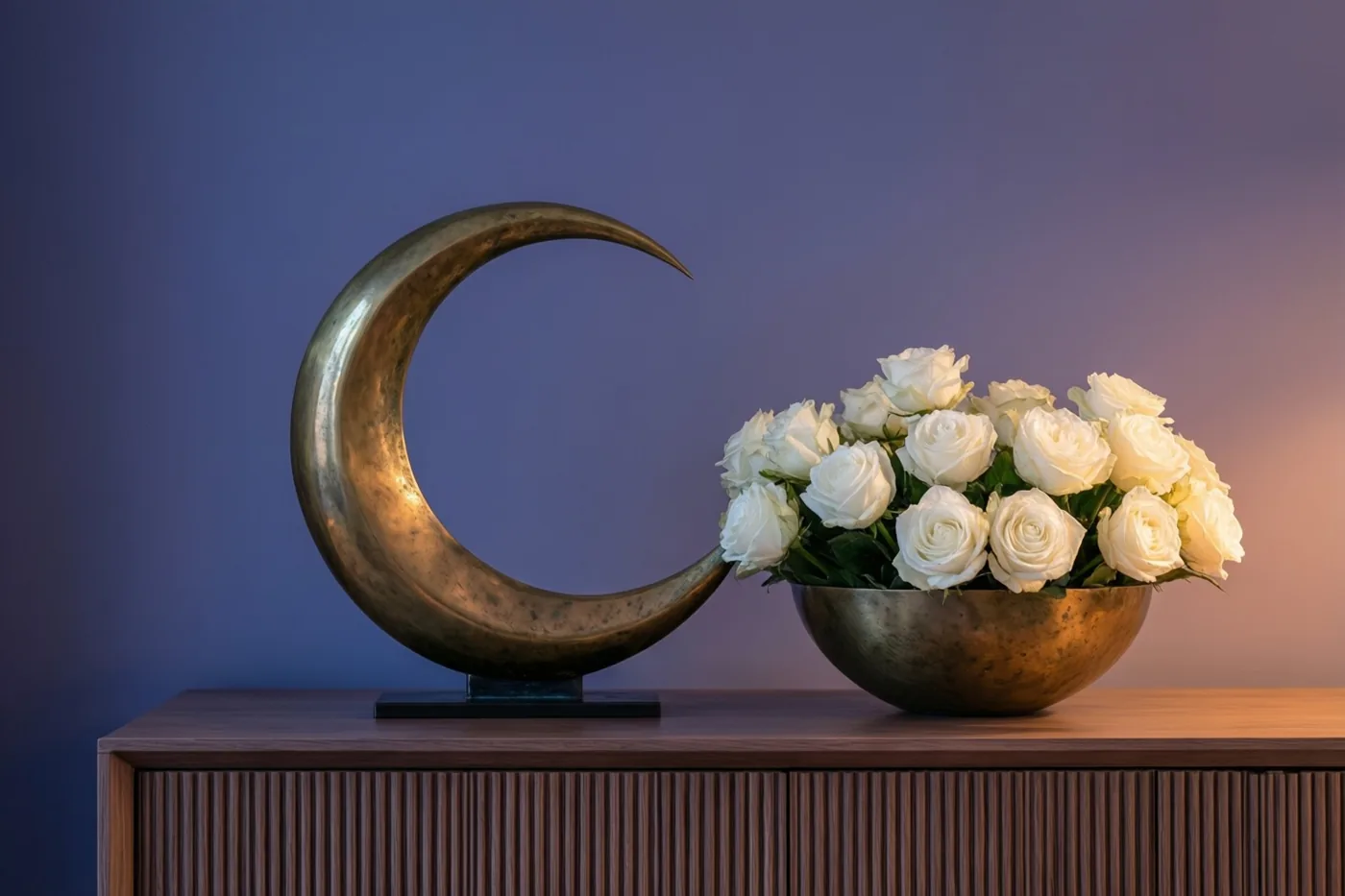 Een slank messing beeld in de vorm van een maansikkel staat met een schaal witte rozen op een houten sidetable, tegen een paarse muur met kleurverloop in warm licht.