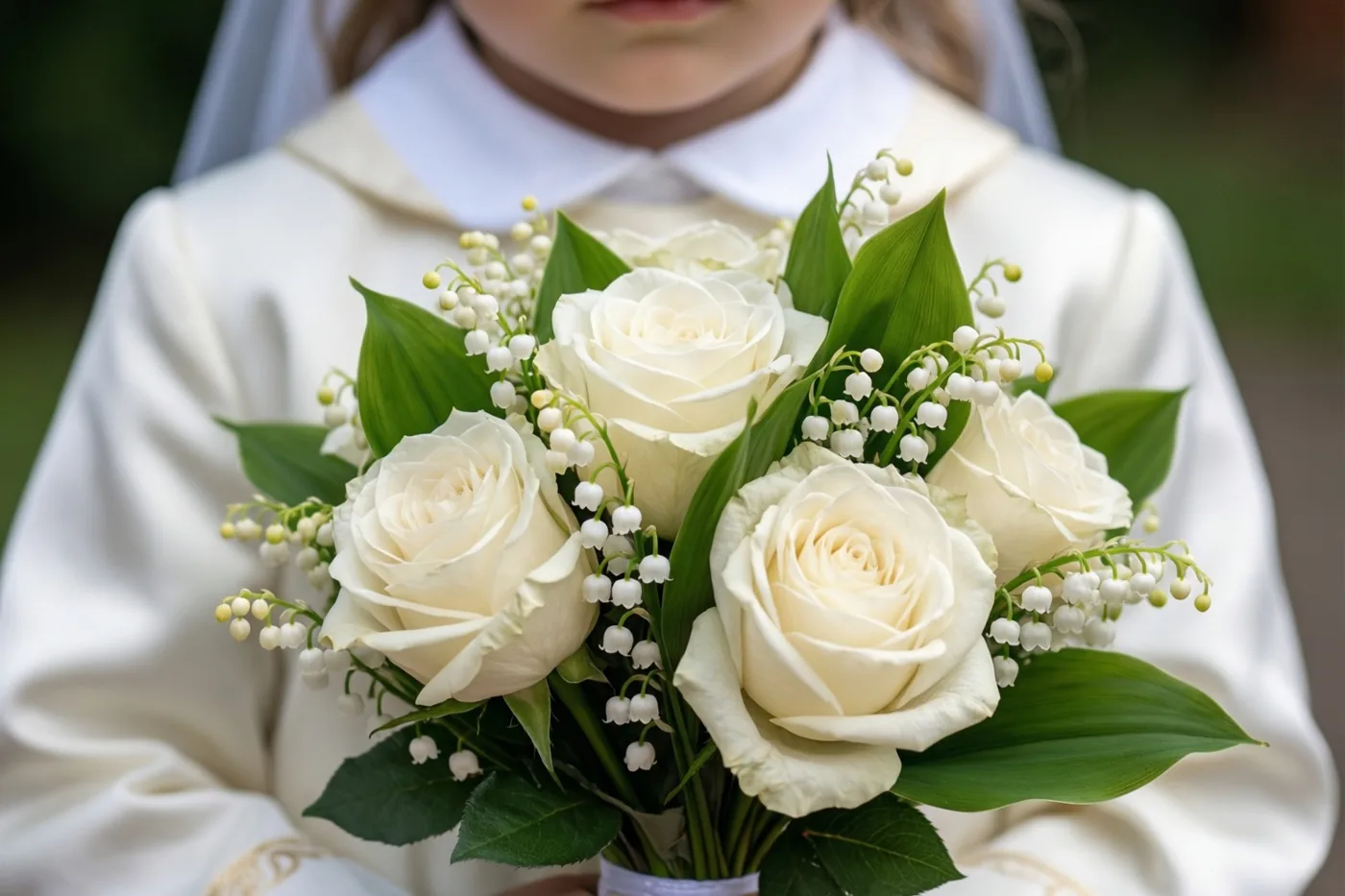 Een kind in een wit communiegewaad houdt witte rozen en meiklokjes vast in zacht licht tegen een wazige groene achtergrond.
