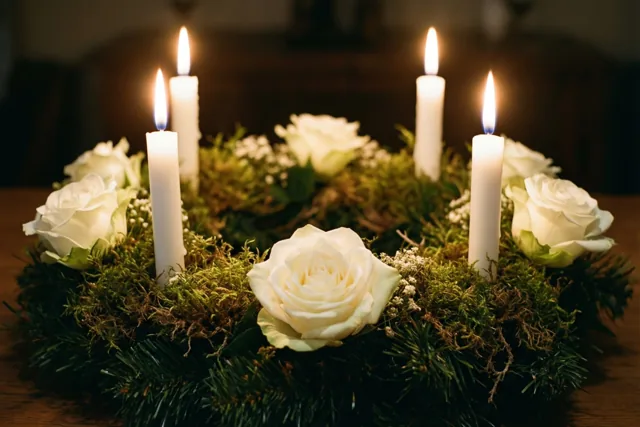 Vier lichtjes tussen witte rozen