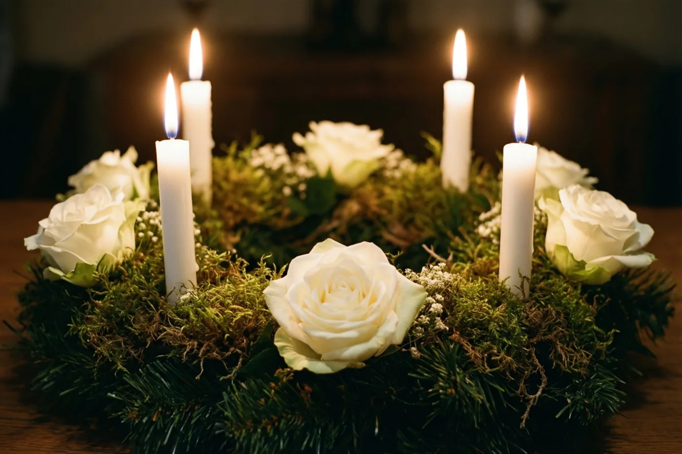Een ronde adventskrans van groen mos en witte rozen met vier brandende witte kaarsen staat op een houten ondergrond in zacht warm licht.