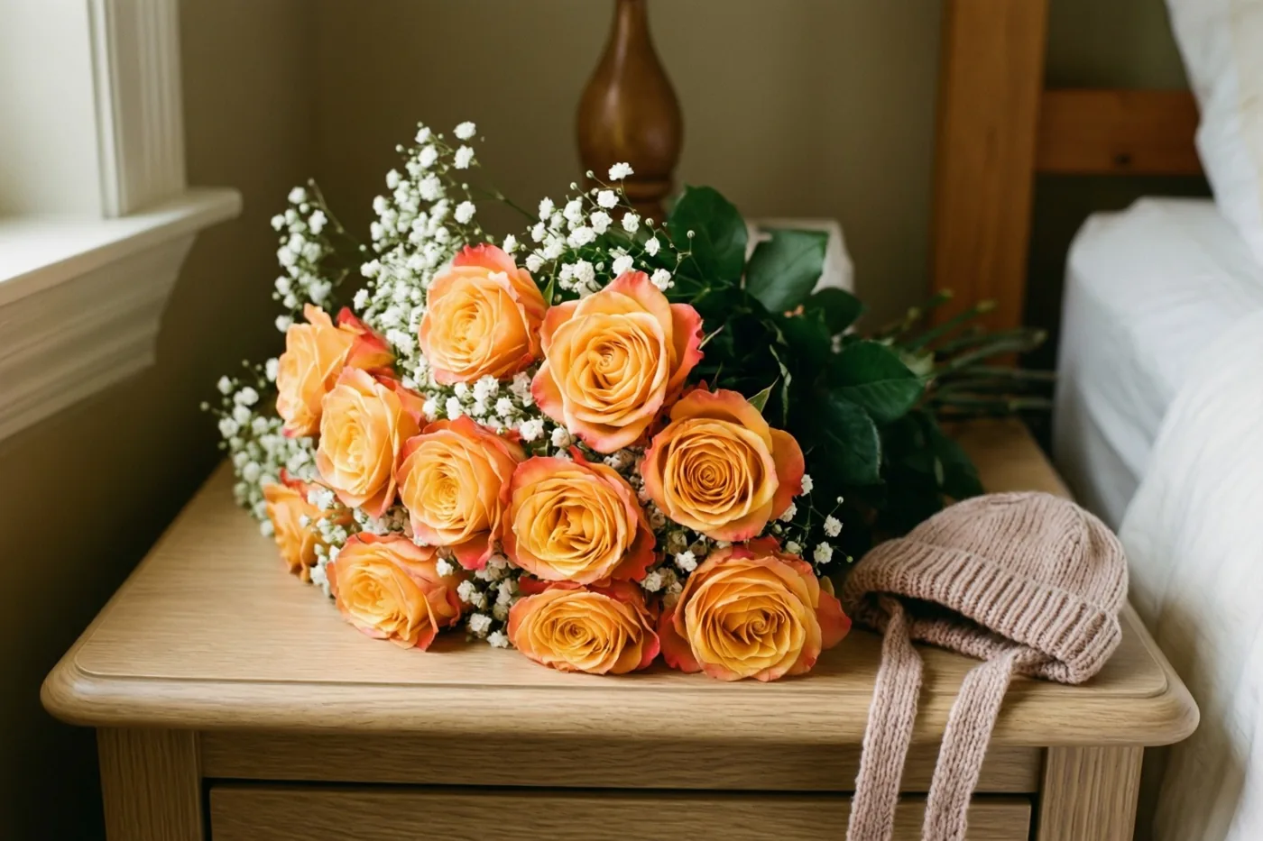 Een boeket abrikooskleurige rozen en wit gipskruid staat naast een klein gebreid mutsje op een houten nachtkastje, met een bed en een raam op de achtergrond.