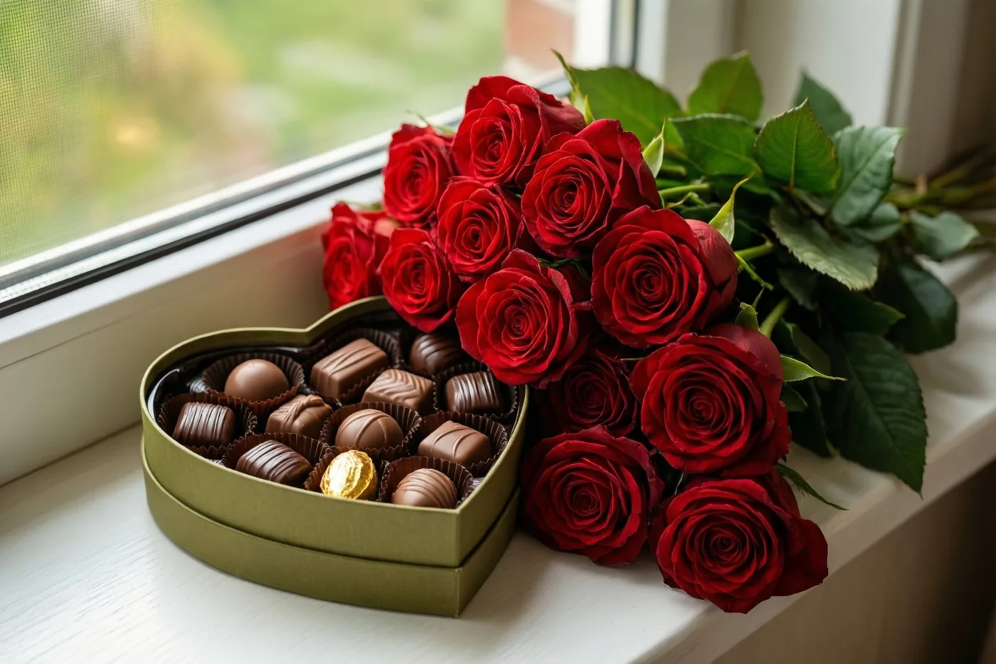 Een hartvormige doos met verschillende pralines staat naast een boeket rode rozen op een witte vensterbank in zonlicht, met groen zichtbaar door het raam.
