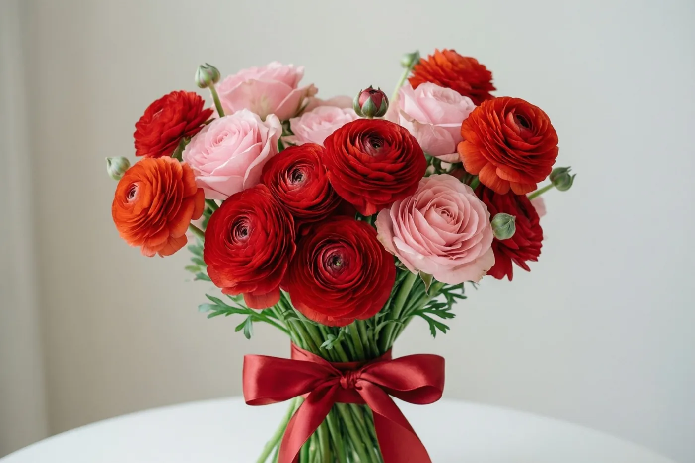 Een boeket rode ranonkels en roze rozen met een rood satijnen lint ligt op een wit oppervlak tegen een effen lichte achtergrond.
