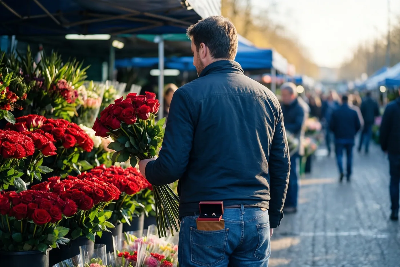 Een man houdt met de rug naar de camera een boeket rode rozen vast bij een buitenkraam onder marktluifels, met een rood ringdoosje in zijn achterzak en warm zonlicht op de scène.