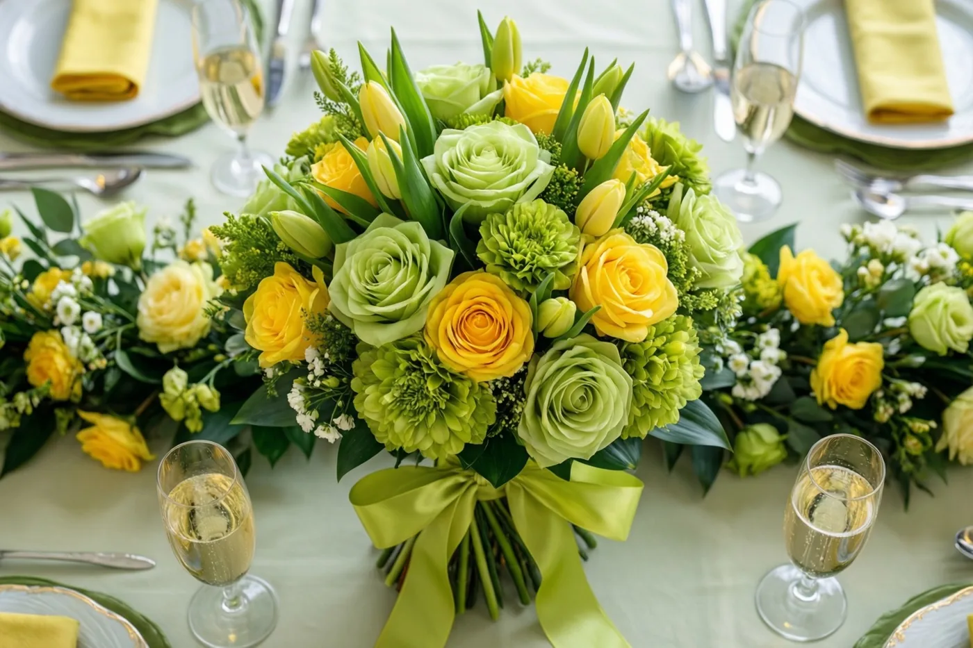 Een boeket gele en groene rozen en tulpen met een groen lint staat op een feestelijk gedekte tafel met een geelgroene bloemenslinger, champagneglazen en borden met gele servetten.