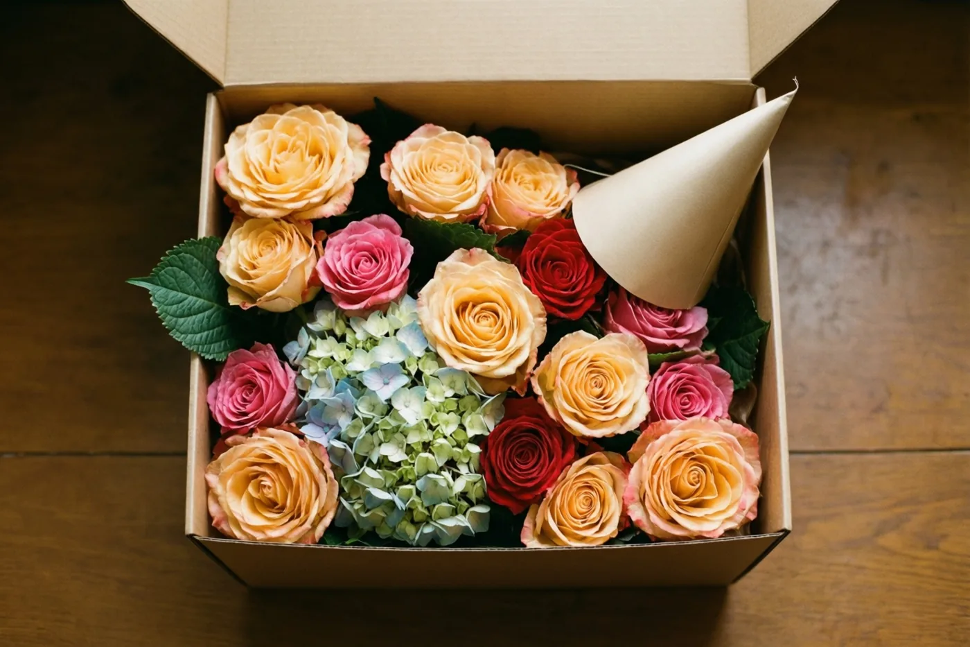 Een open kartonnen geschenkdoos met kleurrijke rozen en hortensia's staat op een houten oppervlak, met een papieren feesthoedje naast de bloemen.