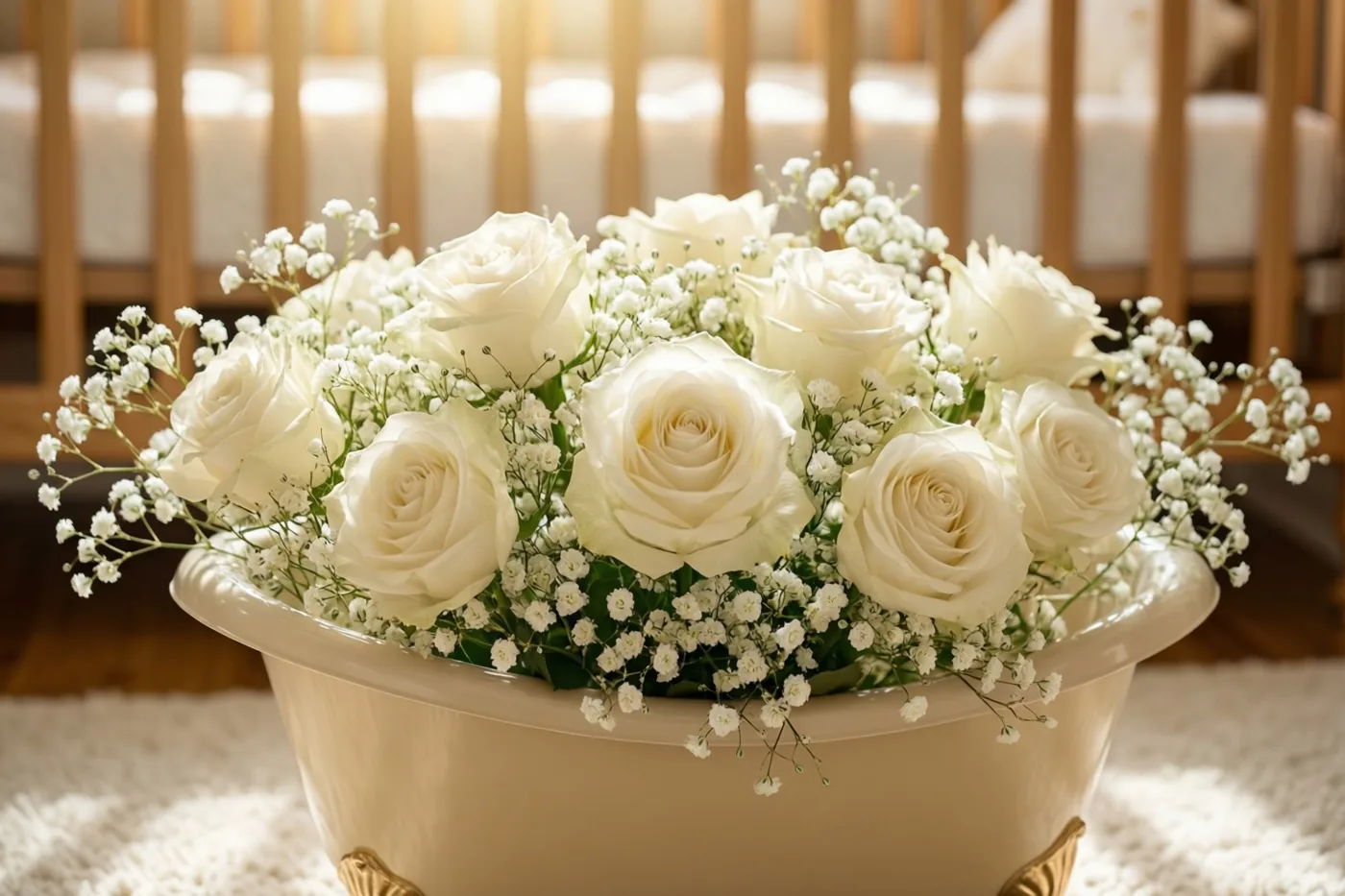 Een boeket witte rozen en gipskruid staat in een klein crèmekleurig babybadje in een zonnige babykamer met houten bedspijlen op de achtergrond.