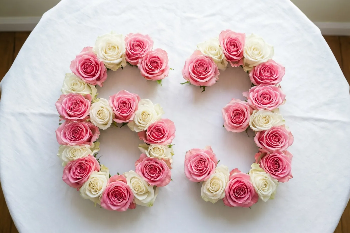 Van bovenaf zijn roze en witte rozen te zien die het getal 63 vormen op een wit tafellaken.