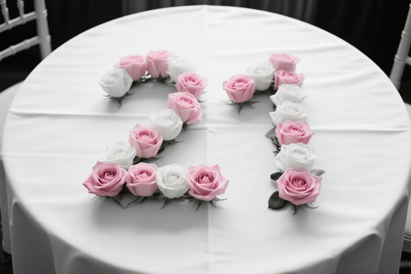 Het getal 21 is gevormd met roze en witte rozen op een wit tafelkleed en van bovenaf in beeld gebracht.