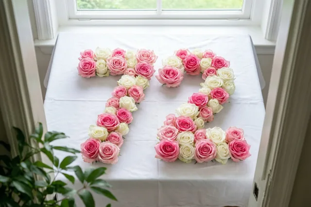 Roze en witte rozen vormen 72 op een wit tafelkleed bij een raam, van bovenaf gezien in natuurlijk licht.