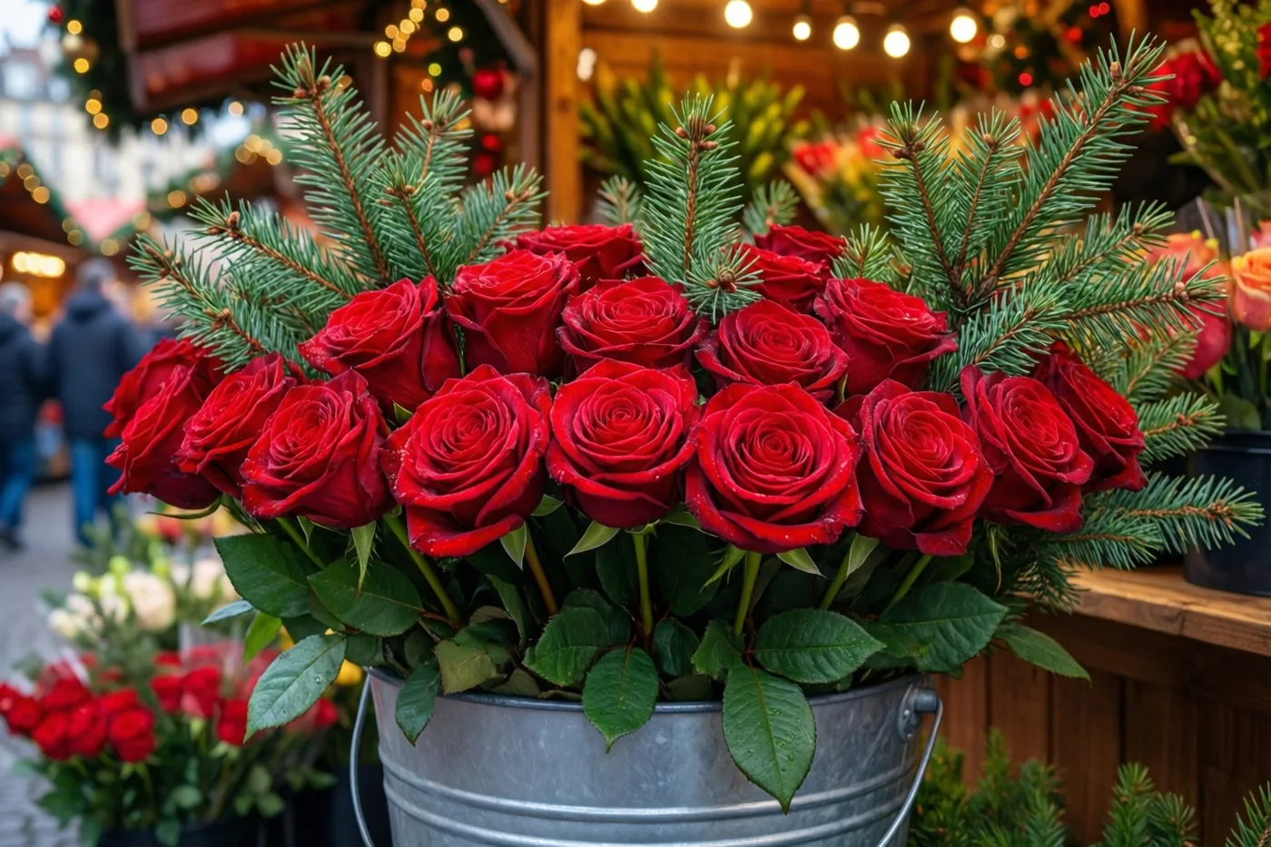Een metalen emmer met rode rozen en groene dennentakken staat op een houten kerstmarktkraam, met warme lichtjes op de achtergrond.