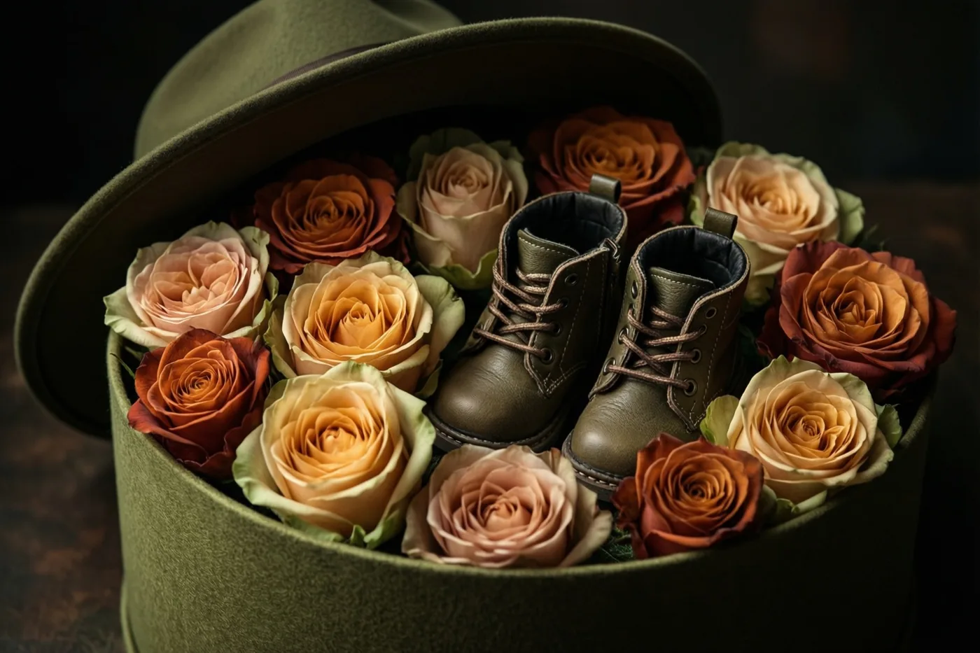 Een ronde olijfgroene hoedendoos bevat perzikkleurige, oranje en crèmekleurige rozen rond kleine olijfgroene babyschoentjes, tegen een donkere onscherpe achtergrond.