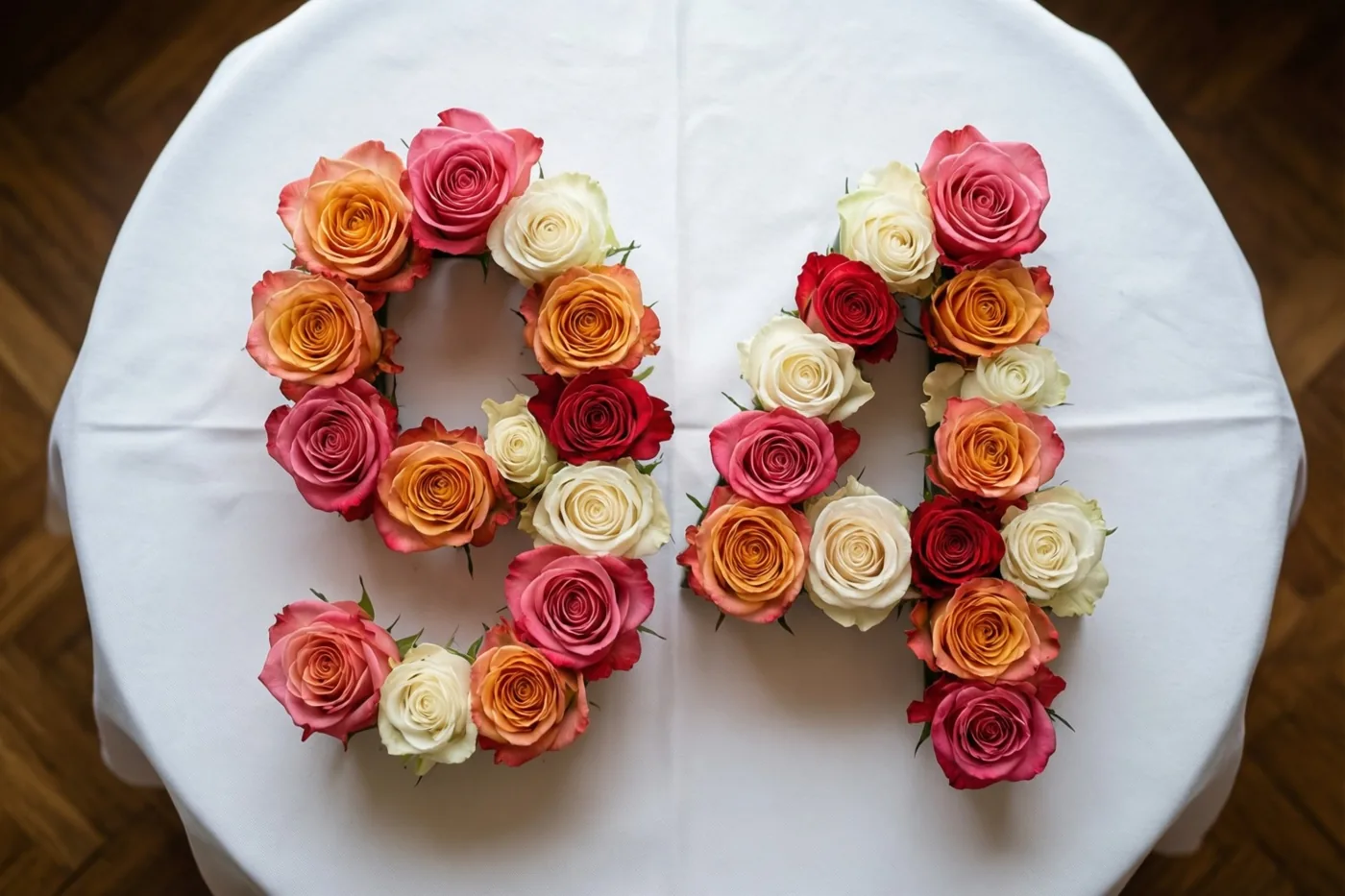 Van bovenaf gezien vormen roze en witte rozen met rode, oranje en crèmekleurige tinten het getal 94 op een wit tafelkleed, met een houten vloer in beeld.