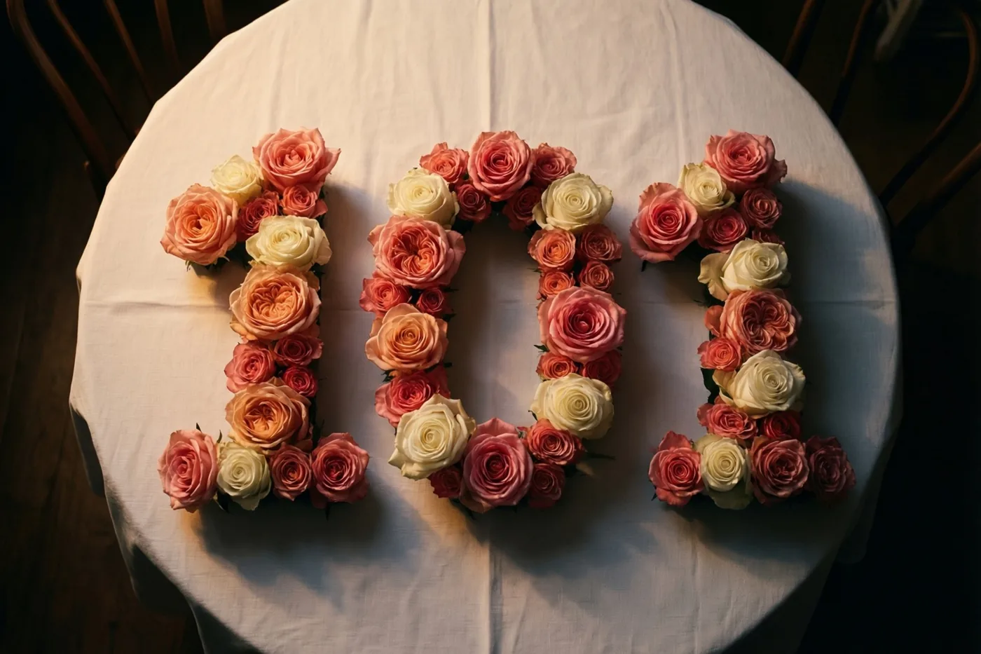 Roze en witte rozen vormen het getal 101 op een wit tafelkleed, van bovenaf gefotografeerd in zacht licht.