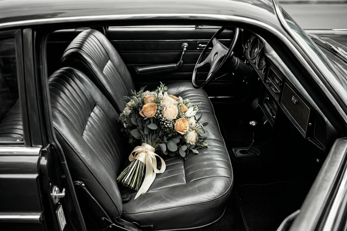 Een boeket rozen met groen en een crèmekleurig lint ligt op de passagiersstoel van een zwarte oldtimer met zwarte leren zetels en een retrodashboard.