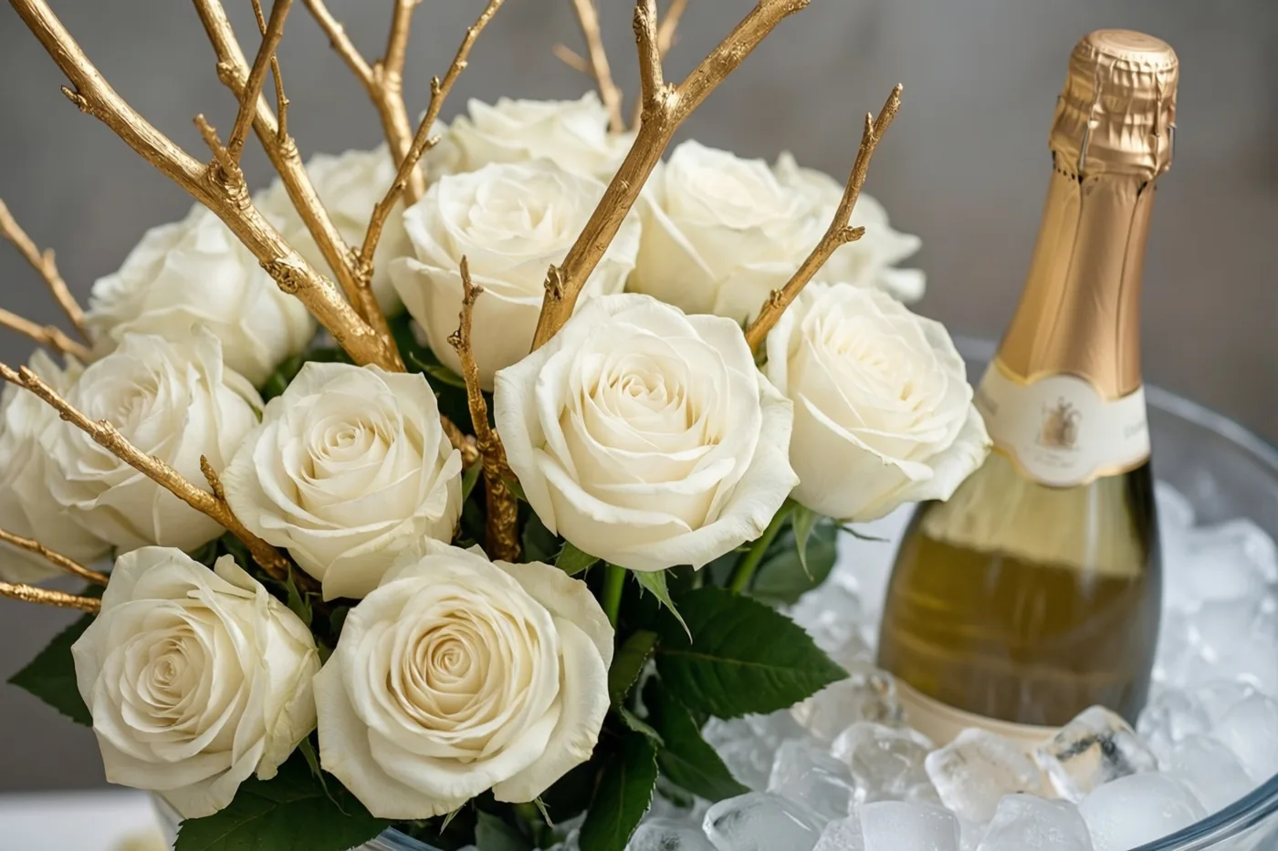 Een close-up toont witte rozen met goudgeverfde takjes naast een champagnefles op ijs tegen een neutrale grijze achtergrond.