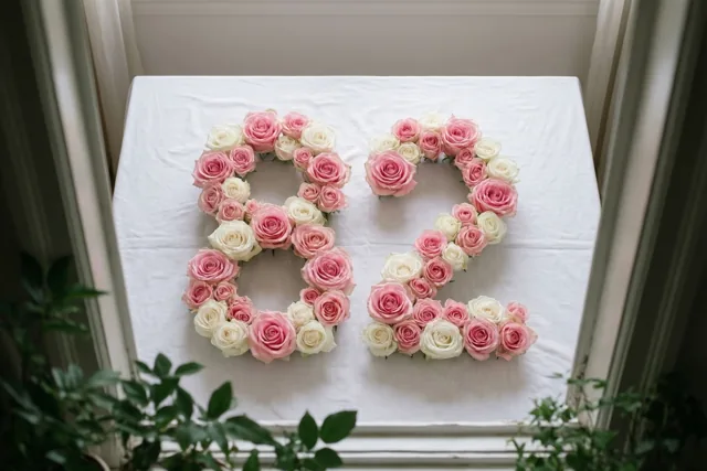 Van recht bovenaf vormen roze en witte rozen het getal 82 op een wit tafelkleed, met ruiten en groen rondom.