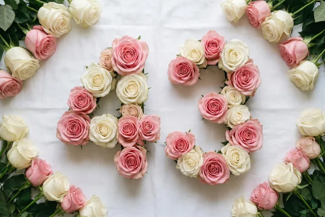 Roze en witte rozen met groene stelen vormen 43 op een wit tafelkleed, recht van bovenaf gezien.