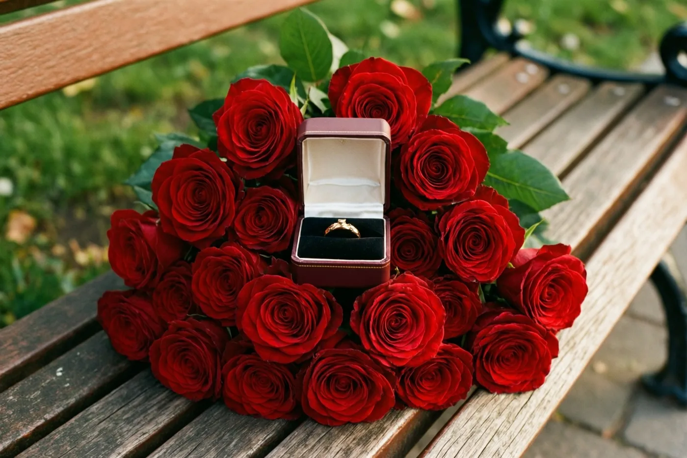 Een boeket felrode rozen met een open ringdoosje erop ligt op een houten parkbank, met groene bladeren op de achtergrond.