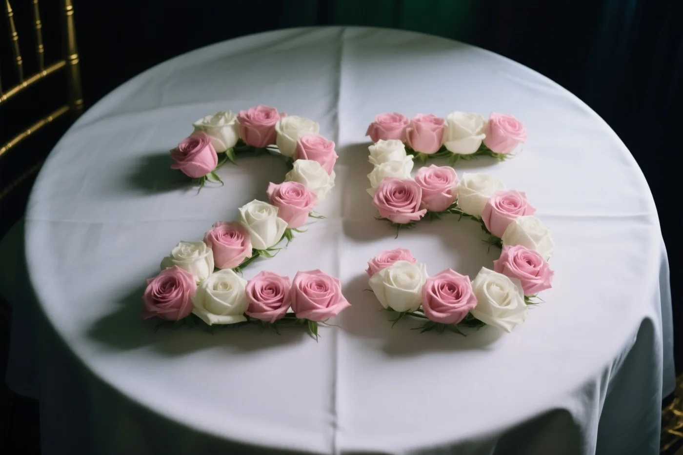 Roze en witte rozen vormen 25 op een wit tafelkleed, van bovenaf gezien tegen een donkere achtergrond met een gedeeltelijk zichtbare gouden stoel.