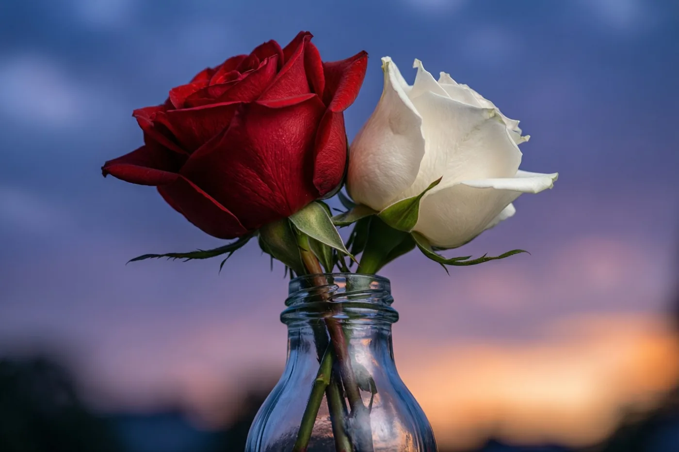 Een rode en een witte roos met verstrengelde stelen staan in een doorzichtige glazen fles tegen een blauwpaarse schemerlucht.